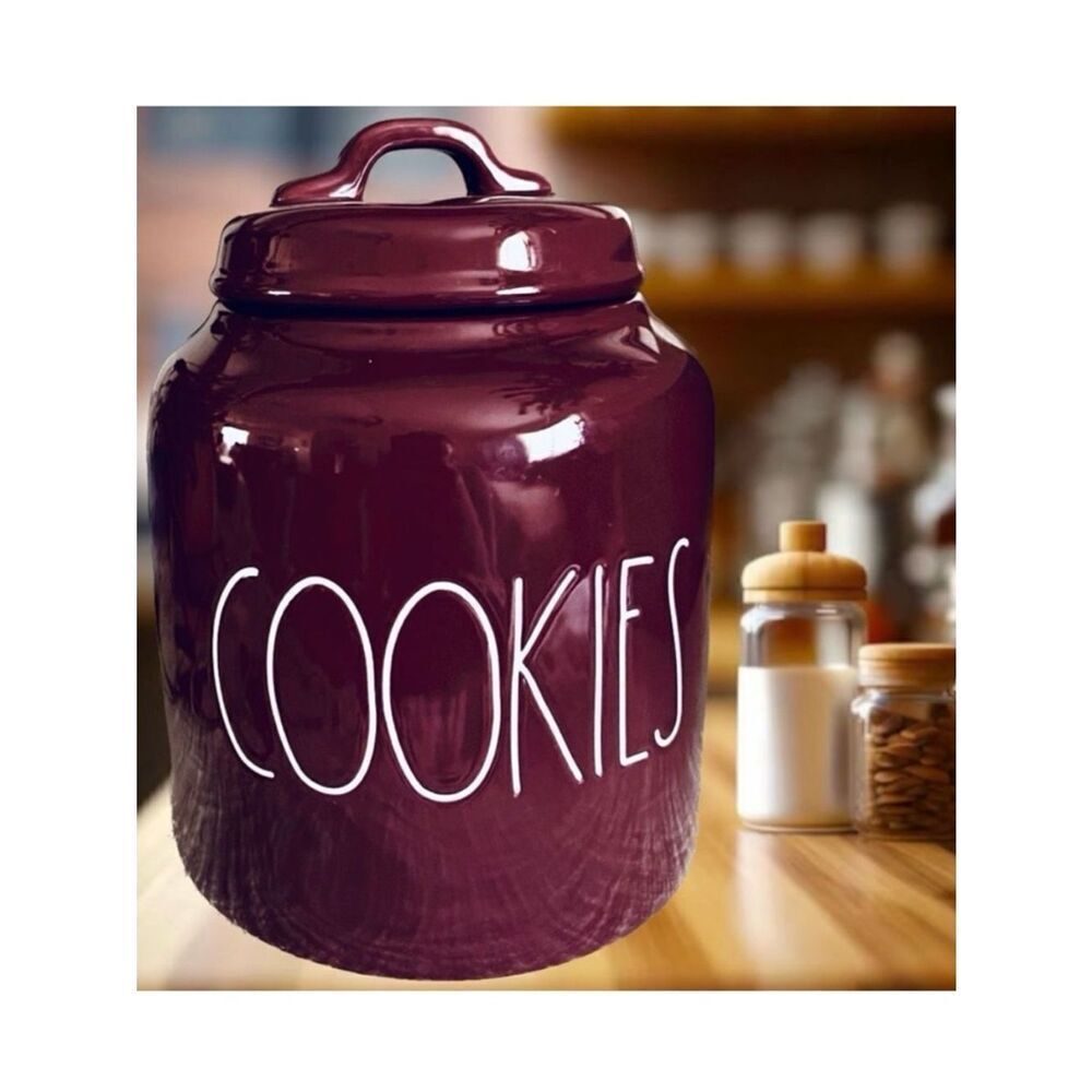 NWT Rae Dunn Gorgeous Burgundy Glossy Ceramic Big COOKIES Canister/Cookie Jar
